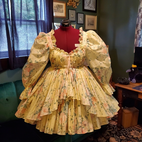 Selkie Floral Puff Sleeve Mini Dress - Yellow and Pink - Picture 1 of 8